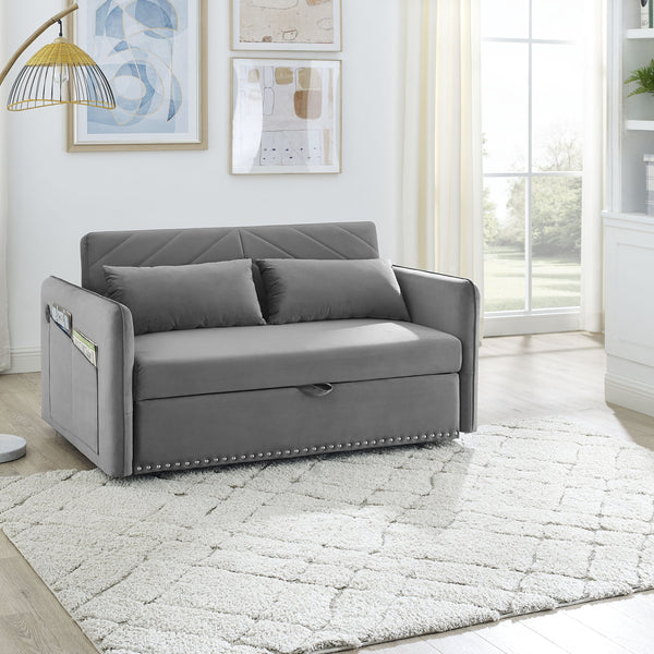English Elm MH" Velvet Sleeper Sofa Bed with USB Port, Pull-Out 3-in-1 Convertible Futon, Storage Pocket & Pillows Grey W119362743