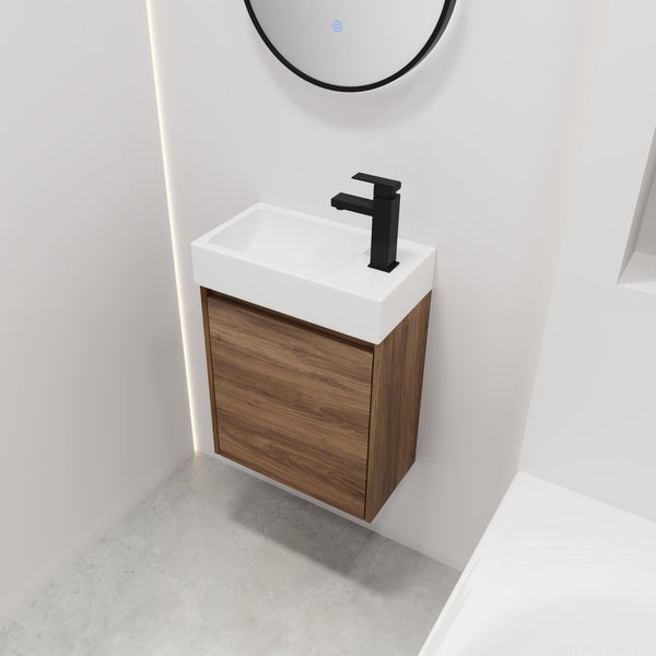English Elm 18 Inch Floating Small Bathroom Vanity with Ceramic Basin, Eco-Friendly Plywood, Water-Resistant Storage W99966398