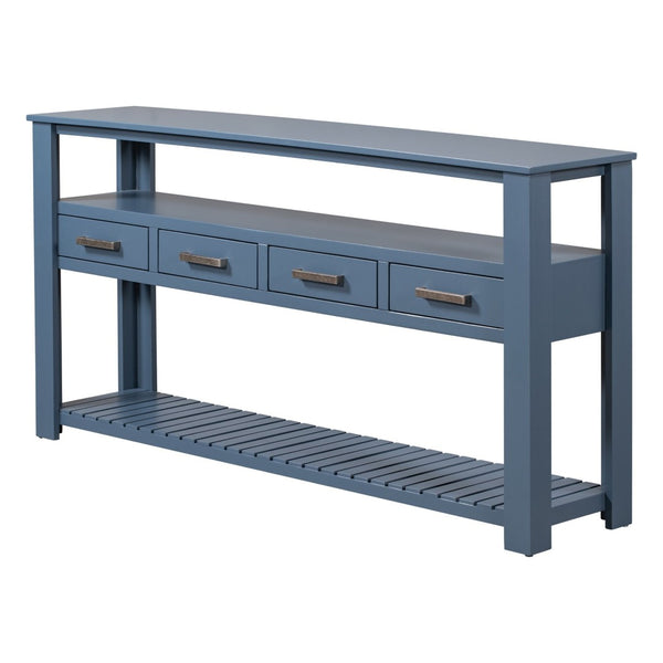English Elm U_style Slim Wood Console Table with 4 Drawers Open Shelves for Entryway or Living Room WF298909AAV