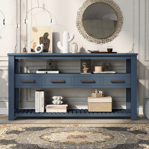 English Elm U_style Slim Wood Console Table with 4 Drawers Open Shelves for Entryway or Living Room WF298909AAV
