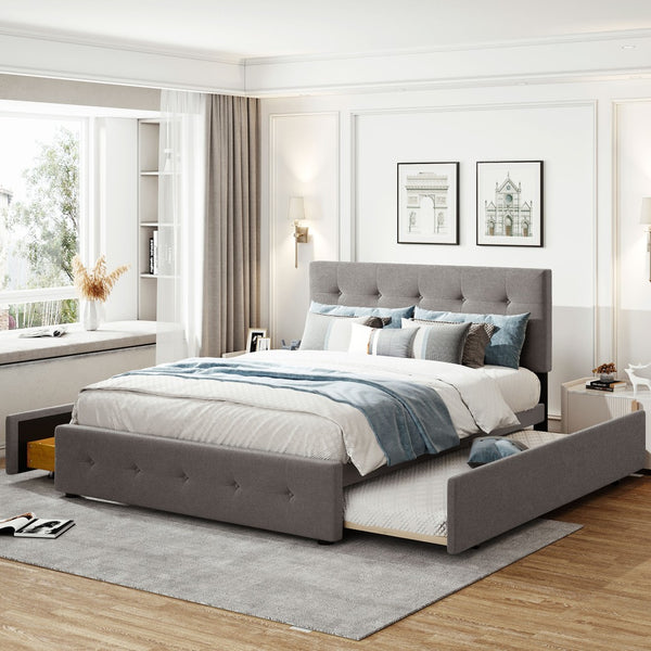 English Elm Upholstered Queen Platform Bed with Tufted Linen Headboard Storage Drawers and Trundle Light Gray LP100314AAN-1