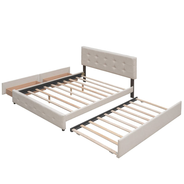 English Elm Upholstered Queen Platform Bed with Tufted Linen Headboard Storage Drawers and Trundle Beige LP100314AAA-1