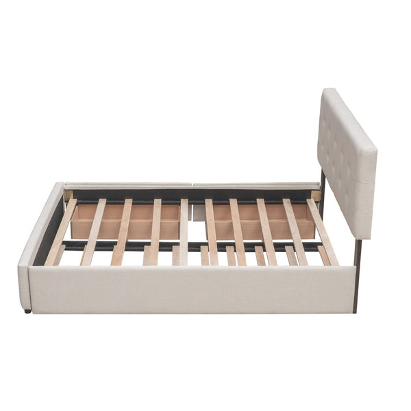 English Elm Upholstered Queen Platform Bed with Tufted Linen Headboard Storage Drawers and Trundle Beige LP100314AAA-1
