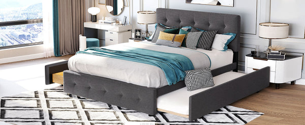English Elm Upholstered Queen Platform Bed with Tufted Linen Headboard Storage Drawers and Trundle Dark Gray LP100314AAE-1