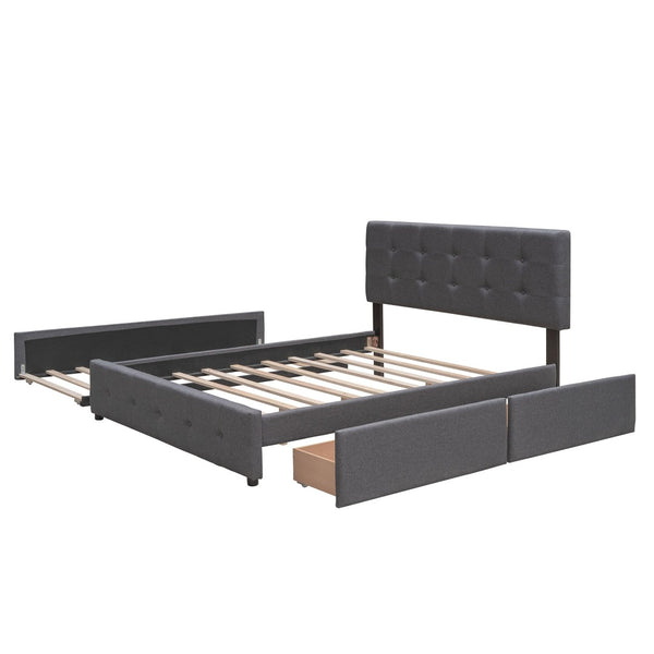 English Elm Upholstered Queen Platform Bed with Tufted Linen Headboard Storage Drawers and Trundle Dark Gray LP100314AAE-1