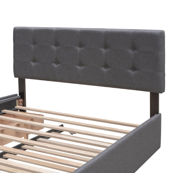 English Elm Upholstered Queen Platform Bed with Tufted Linen Headboard Storage Drawers and Trundle Dark Gray LP100314AAE-1