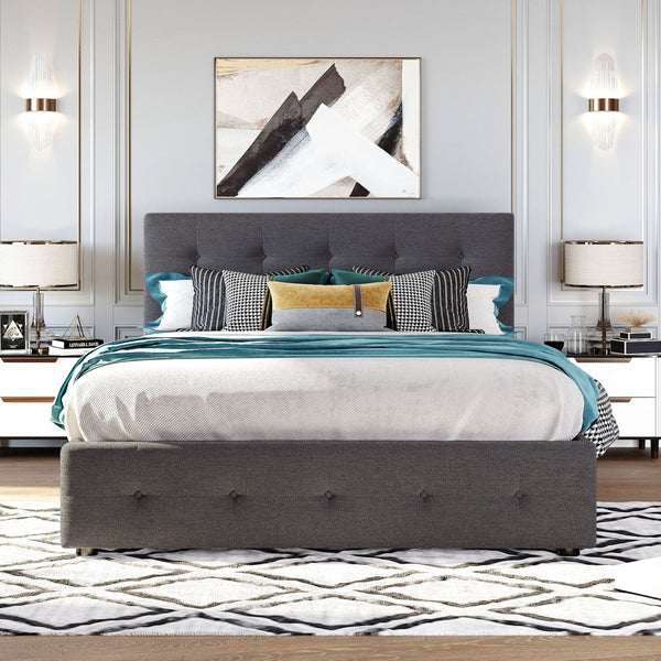 English Elm Upholstered Queen Platform Bed with Tufted Linen Headboard Storage Drawers and Trundle Dark Gray LP100314AAE-1