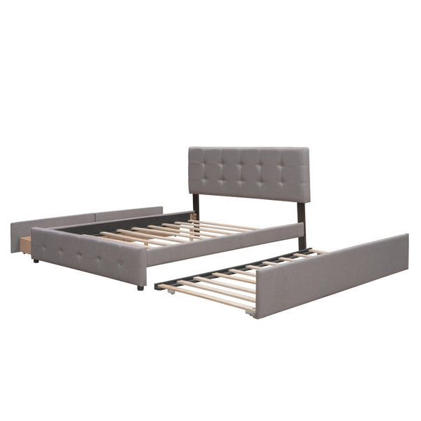 English Elm Upholstered Queen Platform Bed with Tufted Linen Headboard Storage Drawers and Trundle Light Gray LP100314AAN-1