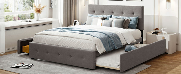 English Elm Upholstered Queen Platform Bed with Tufted Linen Headboard Storage Drawers and Trundle Light Gray LP100314AAN-1