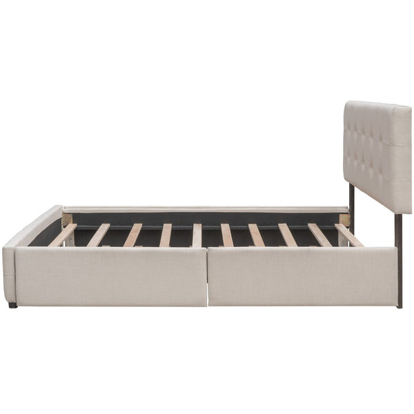 English Elm Upholstered Queen Platform Bed with Tufted Linen Headboard Storage Drawers and Trundle Beige LP100314AAA-1
