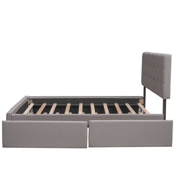 English Elm Upholstered Queen Platform Bed with Tufted Linen Headboard Storage Drawers and Trundle Light Gray LP100314AAN-1