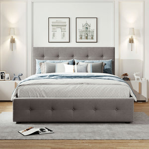 English Elm Upholstered Queen Platform Bed with Tufted Linen Headboard Storage Drawers and Trundle Light Gray LP100314AAN-1