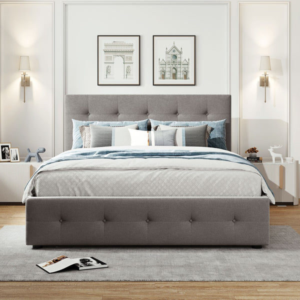 English Elm Upholstered Queen Platform Bed with Tufted Linen Headboard Storage Drawers and Trundle Light Gray LP100314AAN-1