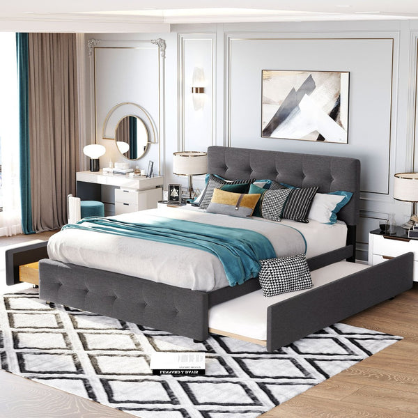 English Elm Upholstered Queen Platform Bed with Tufted Linen Headboard Storage Drawers and Trundle Dark Gray LP100314AAE-1