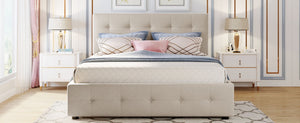 English Elm Upholstered Queen Platform Bed with Tufted Linen Headboard Storage Drawers and Trundle Beige LP100314AAA-1