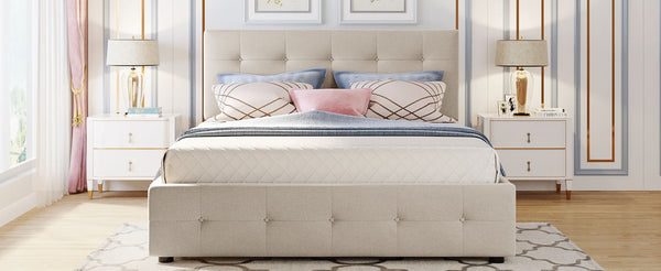 English Elm Upholstered Queen Platform Bed with Tufted Linen Headboard Storage Drawers and Trundle Beige LP100314AAA-1