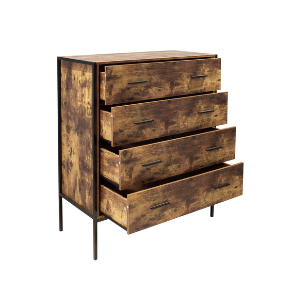 English Elm Industrial 4 Drawer Dresser - Rustic Brown Wood Storage Chest With Sturdy Steel Frame For Any Room W141260282