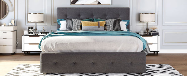 English Elm Upholstered Queen Platform Bed with Tufted Linen Headboard Storage Drawers and Trundle Dark Gray LP100314AAE-1