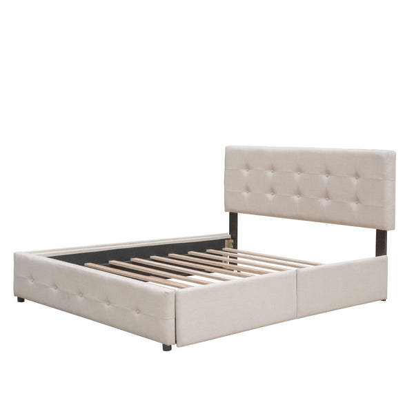 English Elm Upholstered Queen Platform Bed with Tufted Linen Headboard Storage Drawers and Trundle Beige LP100314AAA-1