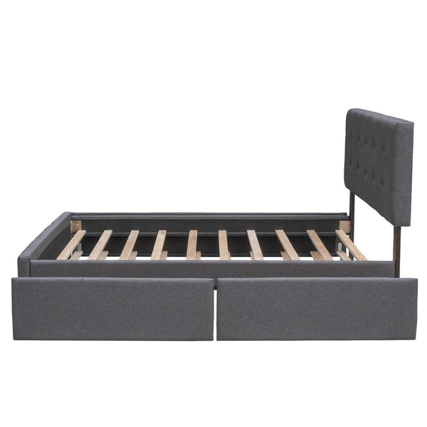 English Elm Upholstered Queen Platform Bed with Tufted Linen Headboard Storage Drawers and Trundle Dark Gray LP100314AAE-1