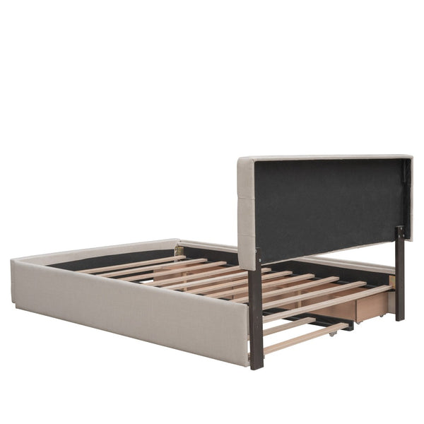 English Elm Upholstered Queen Platform Bed with Tufted Linen Headboard Storage Drawers and Trundle Beige LP100314AAA-1