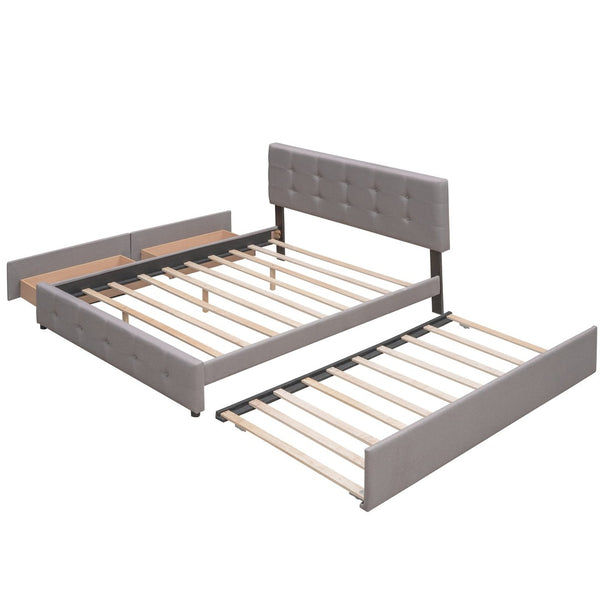 English Elm Upholstered Queen Platform Bed with Tufted Linen Headboard Storage Drawers and Trundle Light Gray LP100314AAN-1
