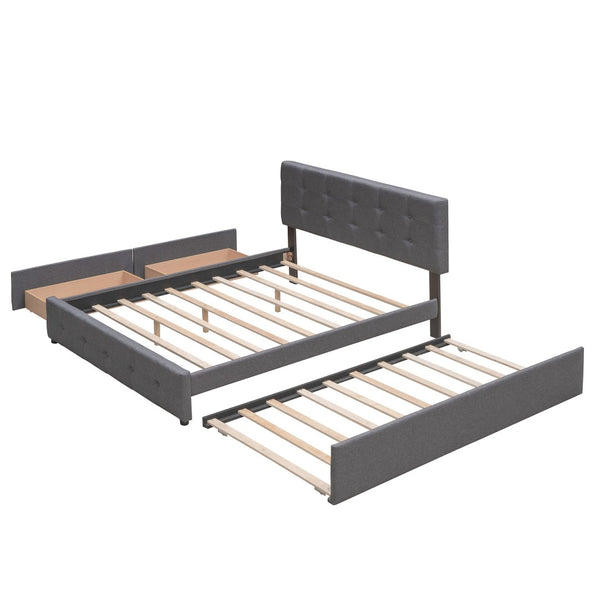 English Elm Upholstered Queen Platform Bed with Tufted Linen Headboard Storage Drawers and Trundle Dark Gray LP100314AAE-1