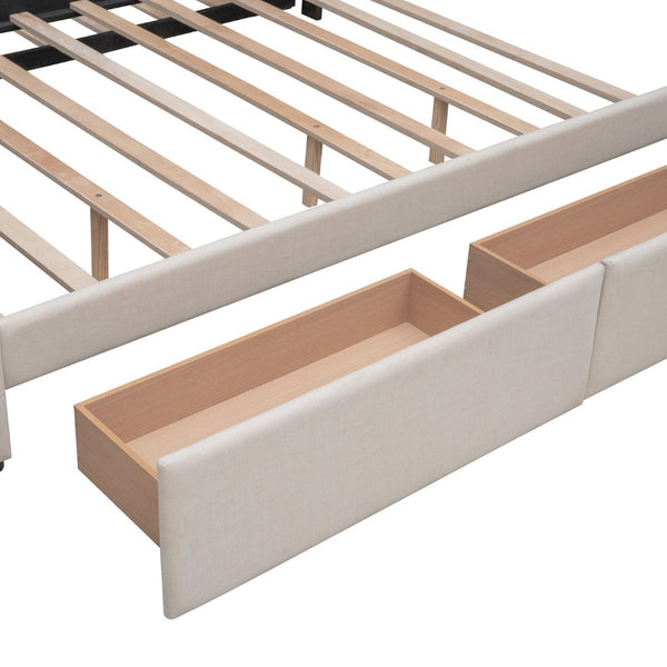 English Elm Upholstered Queen Platform Bed with Tufted Linen Headboard Storage Drawers and Trundle Beige LP100314AAA-1