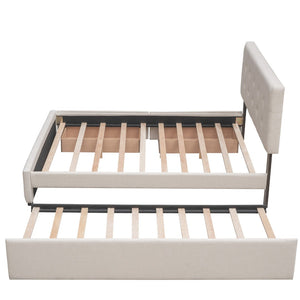 English Elm Upholstered Queen Platform Bed with Tufted Linen Headboard Storage Drawers and Trundle Beige LP100314AAA-1
