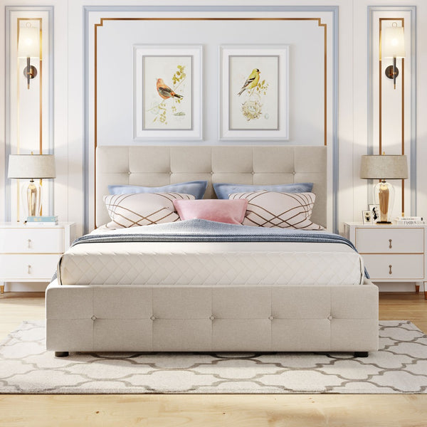 English Elm Upholstered Queen Platform Bed with Tufted Linen Headboard Storage Drawers and Trundle Beige LP100314AAA-1