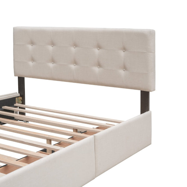 English Elm Upholstered Queen Platform Bed with Tufted Linen Headboard Storage Drawers and Trundle Beige LP100314AAA-1