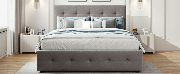 English Elm Upholstered Queen Platform Bed with Tufted Linen Headboard Storage Drawers and Trundle Light Gray LP100314AAN-1