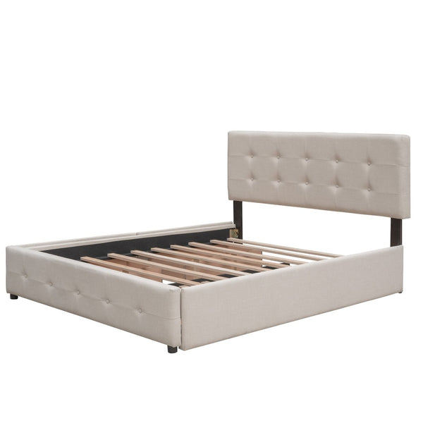 English Elm Upholstered Queen Platform Bed with Tufted Linen Headboard Storage Drawers and Trundle Beige LP100314AAA-1