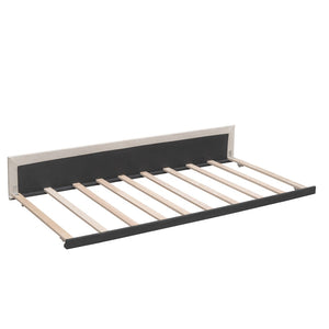 English Elm Upholstered Queen Platform Bed with Tufted Linen Headboard Storage Drawers and Trundle Beige LP100314AAA-1