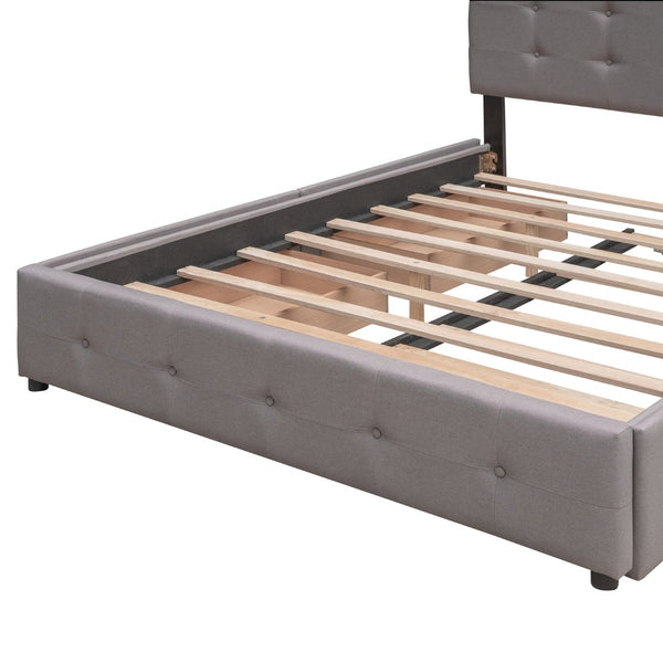 English Elm Upholstered Queen Platform Bed with Tufted Linen Headboard Storage Drawers and Trundle Light Gray LP100314AAN-1