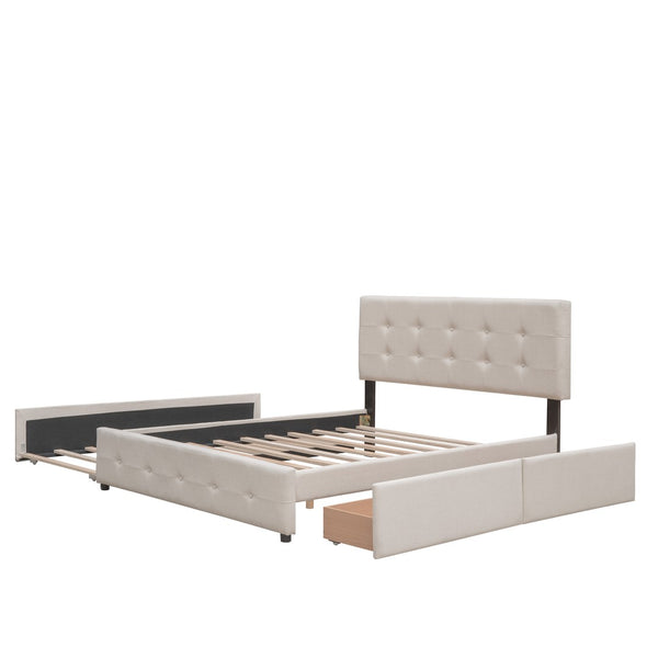 English Elm Upholstered Queen Platform Bed with Tufted Linen Headboard Storage Drawers and Trundle Beige LP100314AAA-1