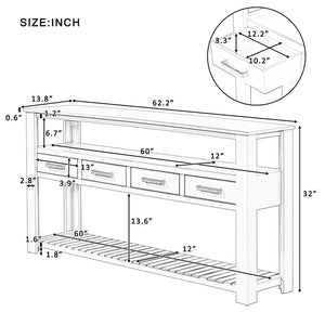 English Elm U_style Slim Wood Console Table with 4 Drawers Open Shelves for Entryway or Living Room WF298909AAV