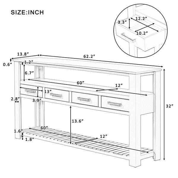 English Elm U_style Slim Wood Console Table with 4 Drawers Open Shelves for Entryway or Living Room WF298909AAV