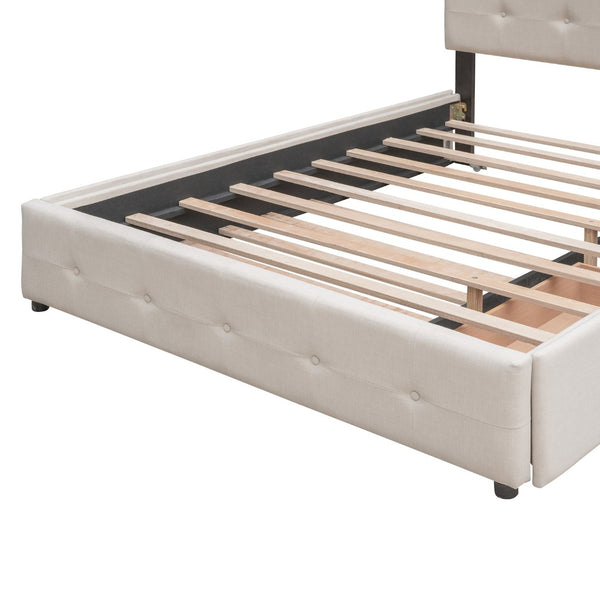 English Elm Upholstered Queen Platform Bed with Tufted Linen Headboard Storage Drawers and Trundle Beige LP100314AAA-1