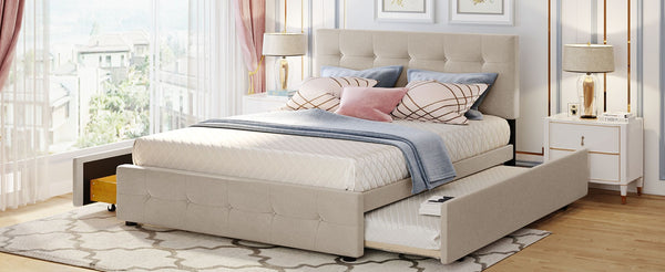 English Elm Upholstered Queen Platform Bed with Tufted Linen Headboard Storage Drawers and Trundle Beige LP100314AAA-1
