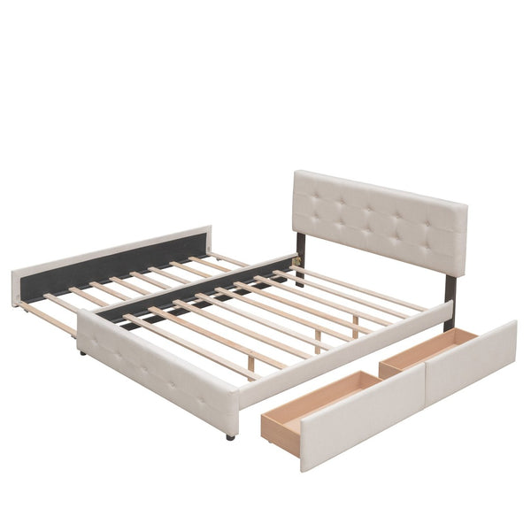 English Elm Upholstered Queen Platform Bed with Tufted Linen Headboard Storage Drawers and Trundle Beige LP100314AAA-1