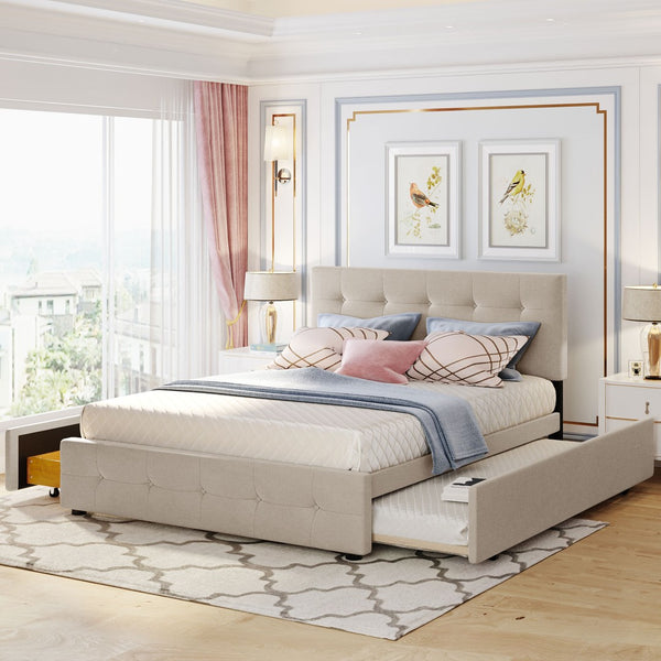 English Elm Upholstered Queen Platform Bed with Tufted Linen Headboard Storage Drawers and Trundle Beige LP100314AAA-1