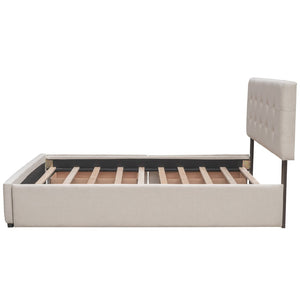 English Elm Upholstered Queen Platform Bed with Tufted Linen Headboard Storage Drawers and Trundle Beige LP100314AAA-1