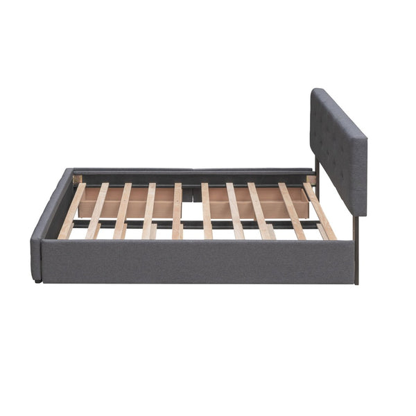 English Elm Upholstered Queen Platform Bed with Tufted Linen Headboard Storage Drawers and Trundle Dark Gray LP100314AAE-1