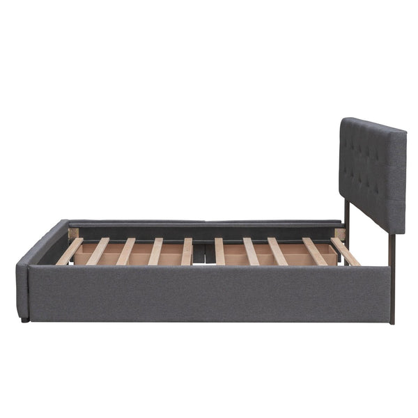 English Elm Upholstered Queen Platform Bed with Tufted Linen Headboard Storage Drawers and Trundle Dark Gray LP100314AAE-1