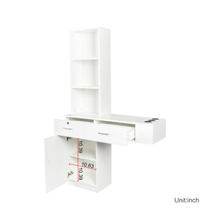 English Elm White modern vanity desk with multi-layer storage, 2 drawers & cabinet, hairdryer ports, space-saving W33163006