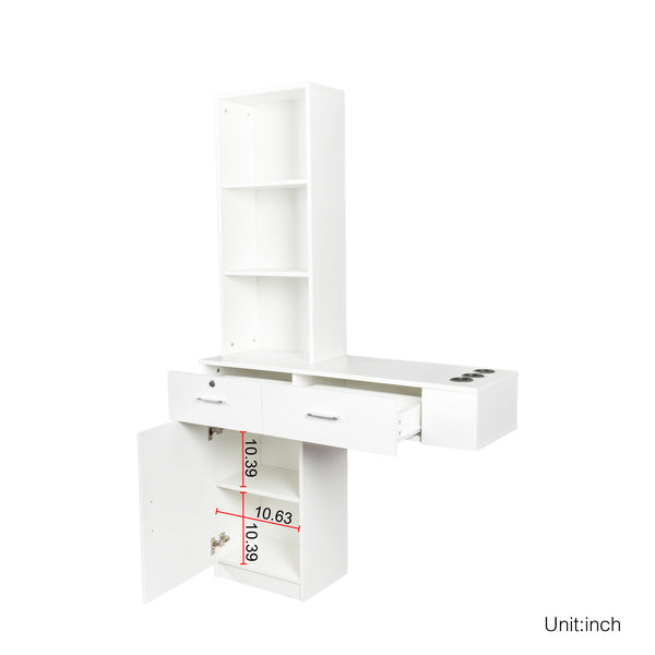 English Elm White modern vanity desk with multi-layer storage, 2 drawers & cabinet, hairdryer ports, space-saving W33163006