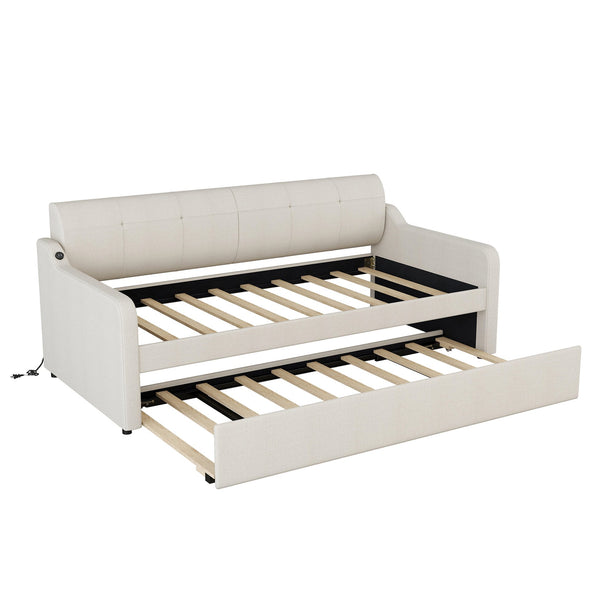 English Elm Twin Upholstery Daybed with Pull-Out Trundle, USB Charging Armrest, Sturdy Frame & Elegant Silhouette Beige GX000525AAA