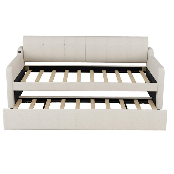 English Elm Twin Upholstery Daybed with Trundle & USB Charging Port, Beige, Durable Pine Frame, Modern Compact Design WF290928AAA