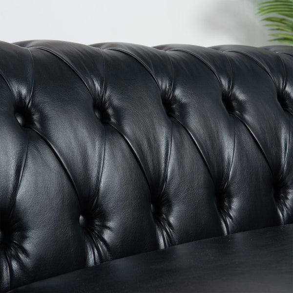 English Elm 83.66 Inch Pu Leather Three Seat Sofa with Silver Stud Trim and Birch Legs Black W68042996